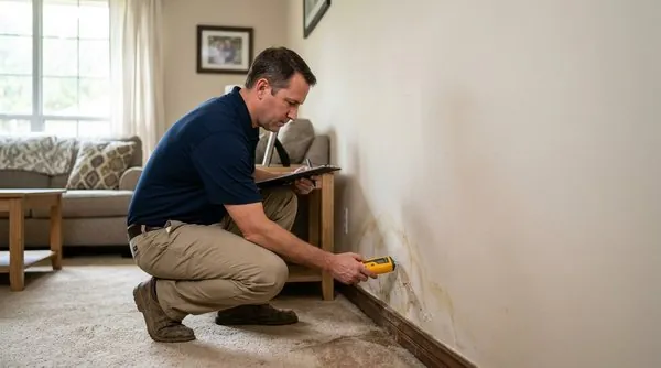 An adjuster crouching beside a living room wall, holding a moisture meter against water staining above the baseboard while taking notes on a clipboard.